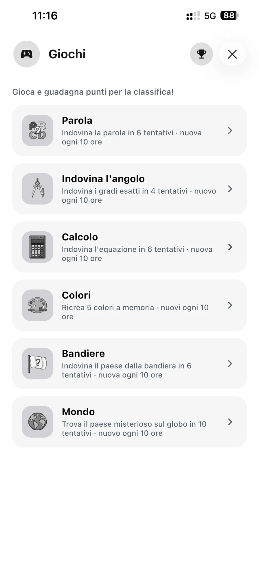 Schermata giochi dell'app Studify