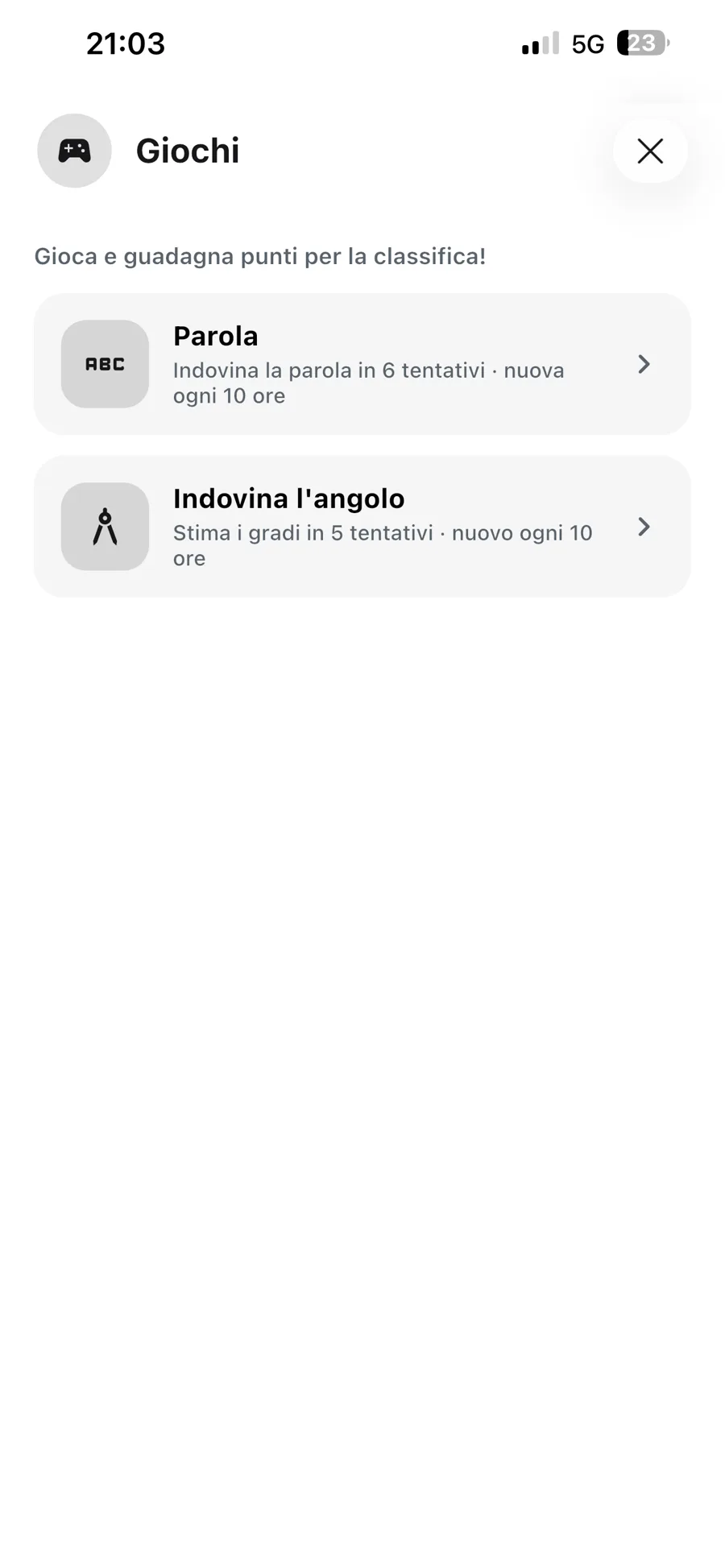 Schermata giochi dell'app Studify